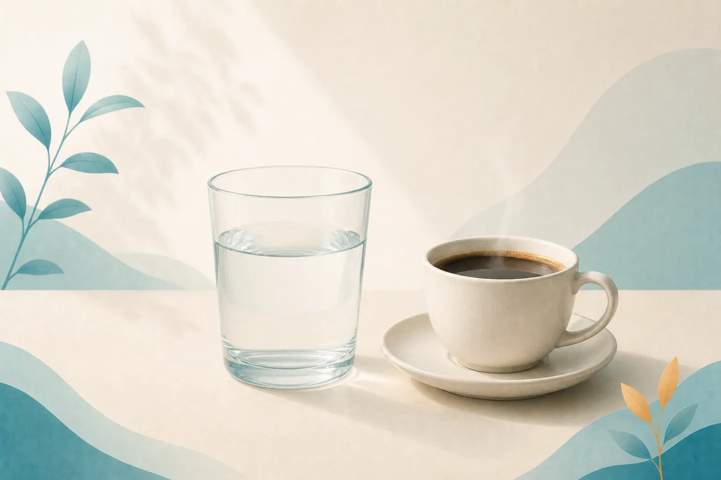 น้ำหนึ่งแก้วข้างถ้วยกาแฟ — กระเพาะปัสสาวะอายกับแอลกอฮอล์ คาเฟอีน และการดื่มน้ำ